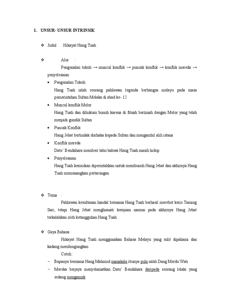 Hikayat Hang Tuah Dan Unsur Intrinsiknya Berbagai Unsur