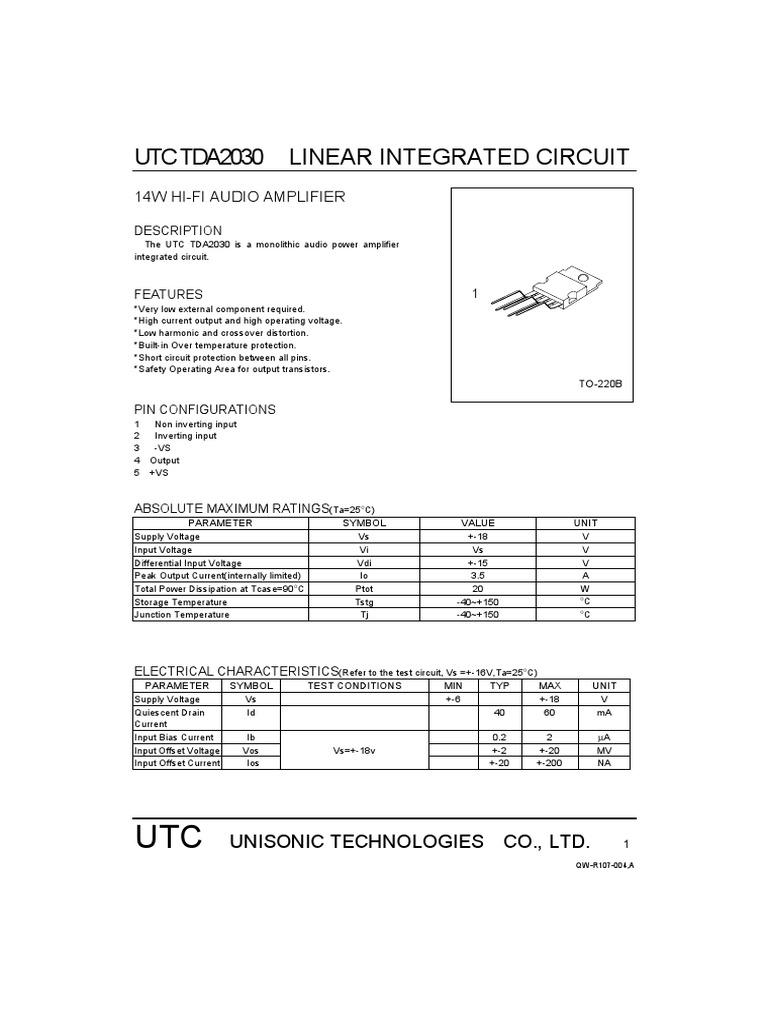 Utc Tda2030 Linear Integrated Circuit: 14W Hi-Fi Audio Amplifier | PDF