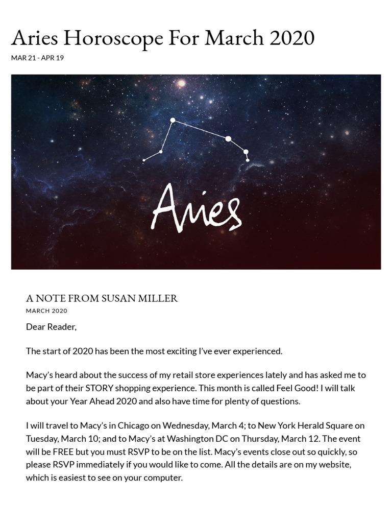 Aries Horoscope For March 2020 Susan Miller Astrology Zone PDF