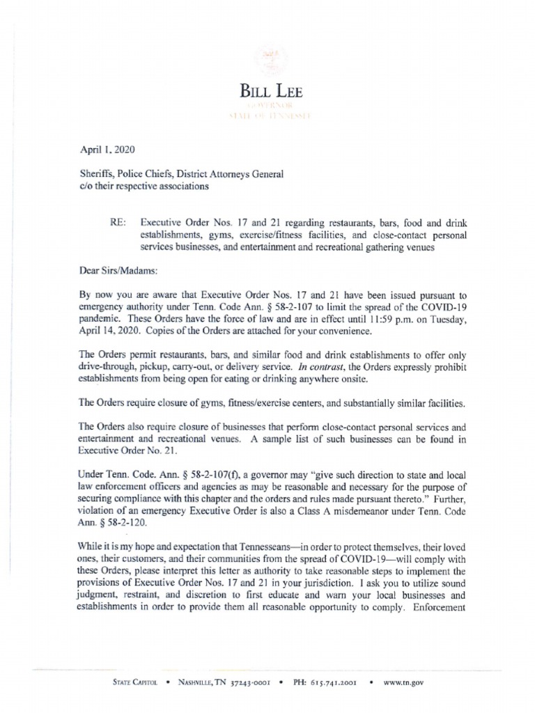 Letter Re Executive Orders 17 and 21