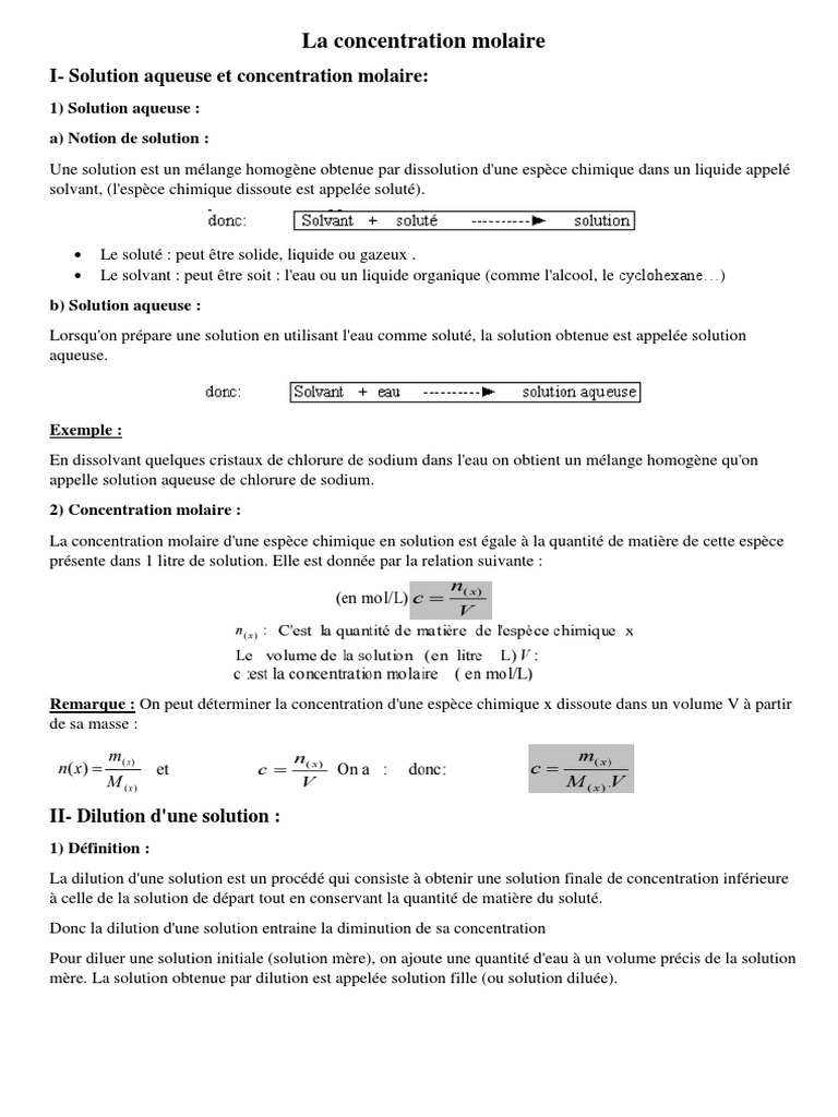 Concentration molaire en solution aqueuse | PDF | Concentration molaire ...