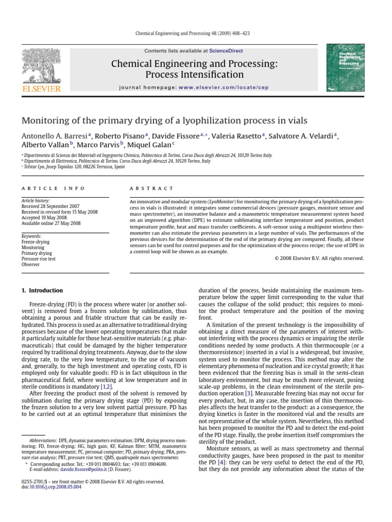 Monitoring of The Primary Drying of A Lyophilization Process in Vials ...