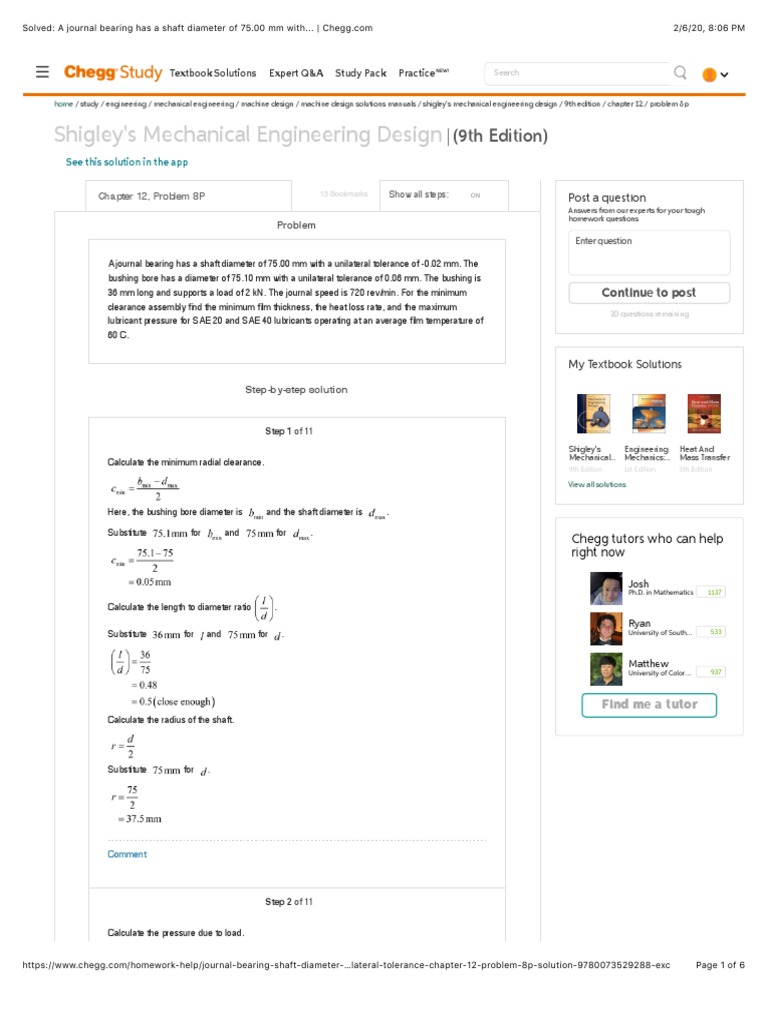 Solved A Journal Bearing Has A Shaft Diameter of 75.00 MM With