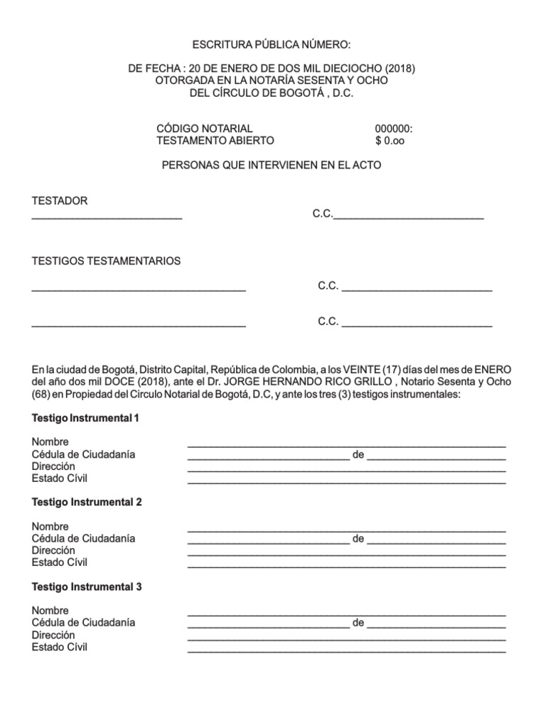 Modelo de Testamento Notaria 68 Bogota | PDF | Voluntad y testamento ...