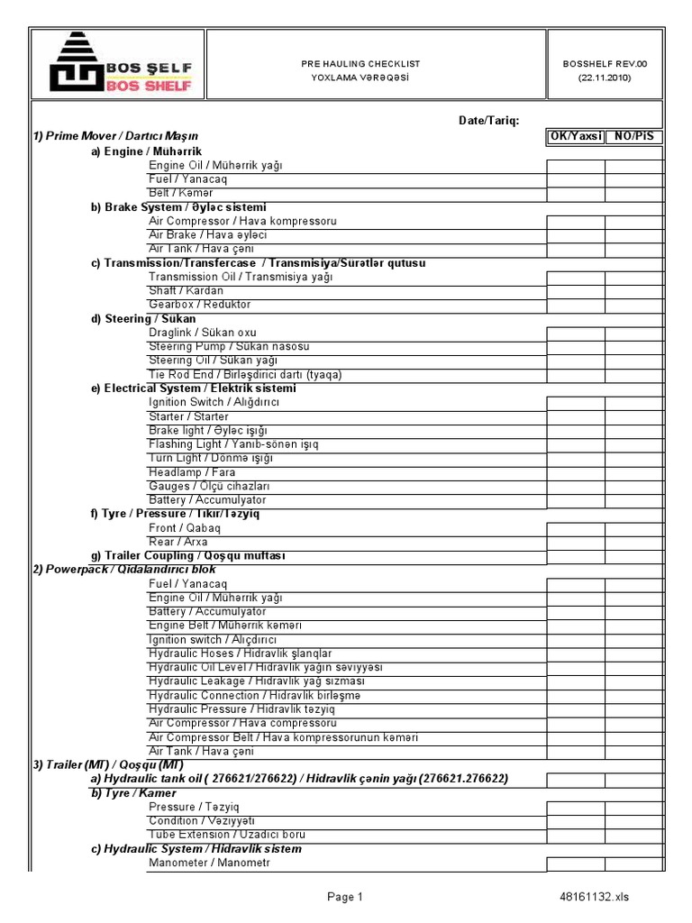 Pre Hauling Checklist (MW) | PDF