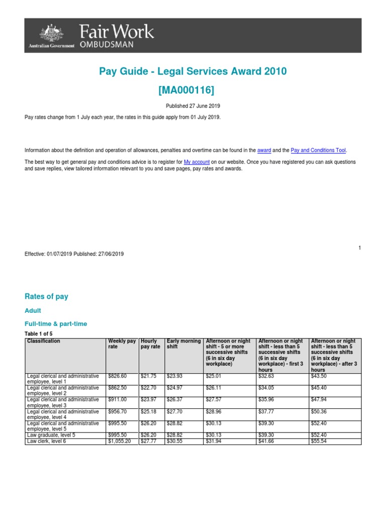 Legal Services Award Ma000116 Pay Guide PDF Clerk Overtime