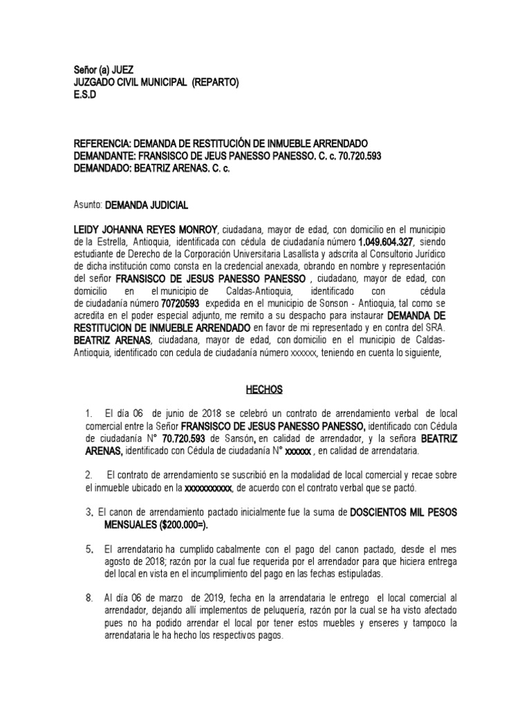 Demanda de Restitucion de Inmueble Arrendado | PDF | Alquiler ...