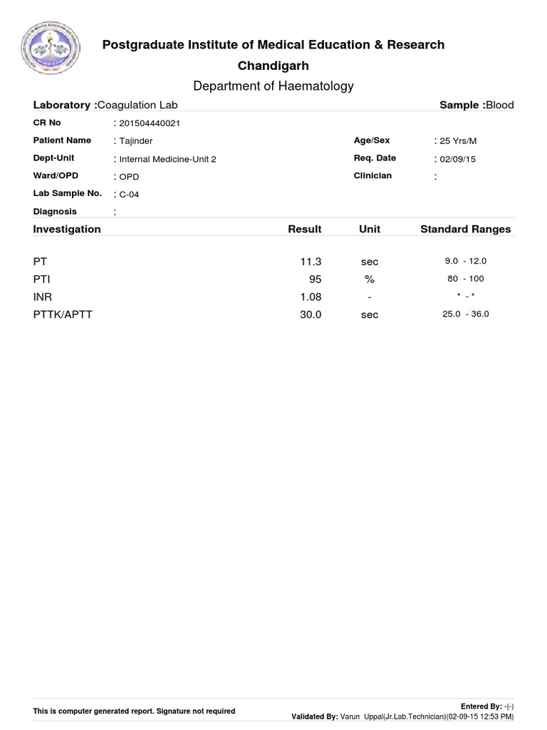 Coagulation Lab Report for Patient Tajinder | PDF