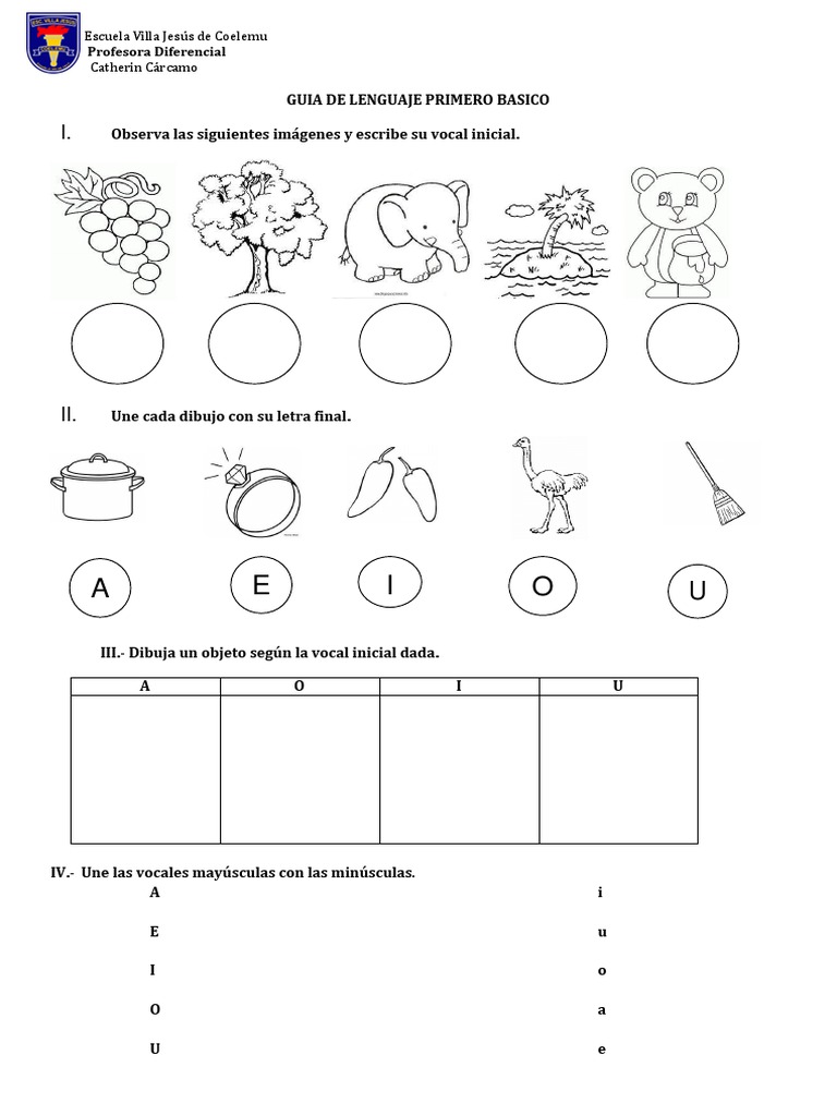 Guía de lenguaje para primer grado básico con actividades sobre vocales ...