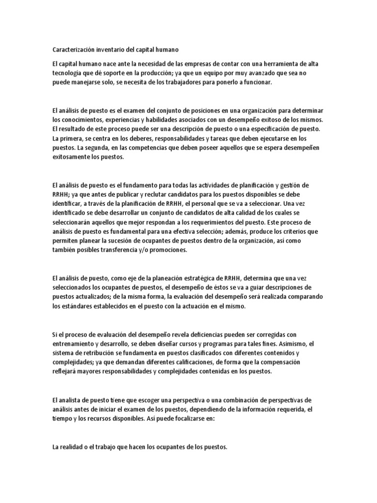 Caracterización Inventario Del Capital Humano | Descargar gratis PDF