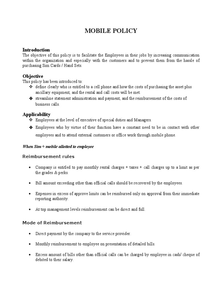Mobile Policy PDF Employment Prepaid Mobile Phone