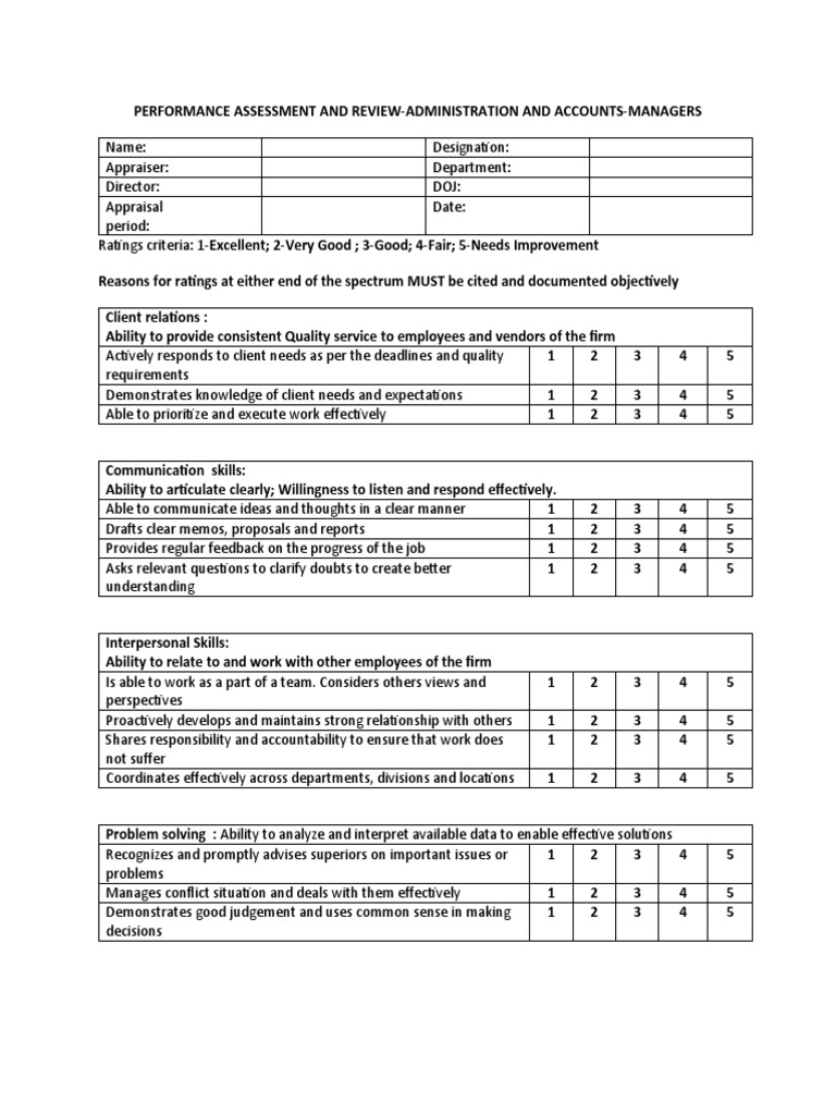 Performance Assessment and Review Admin and Accounts Managers | PDF ...