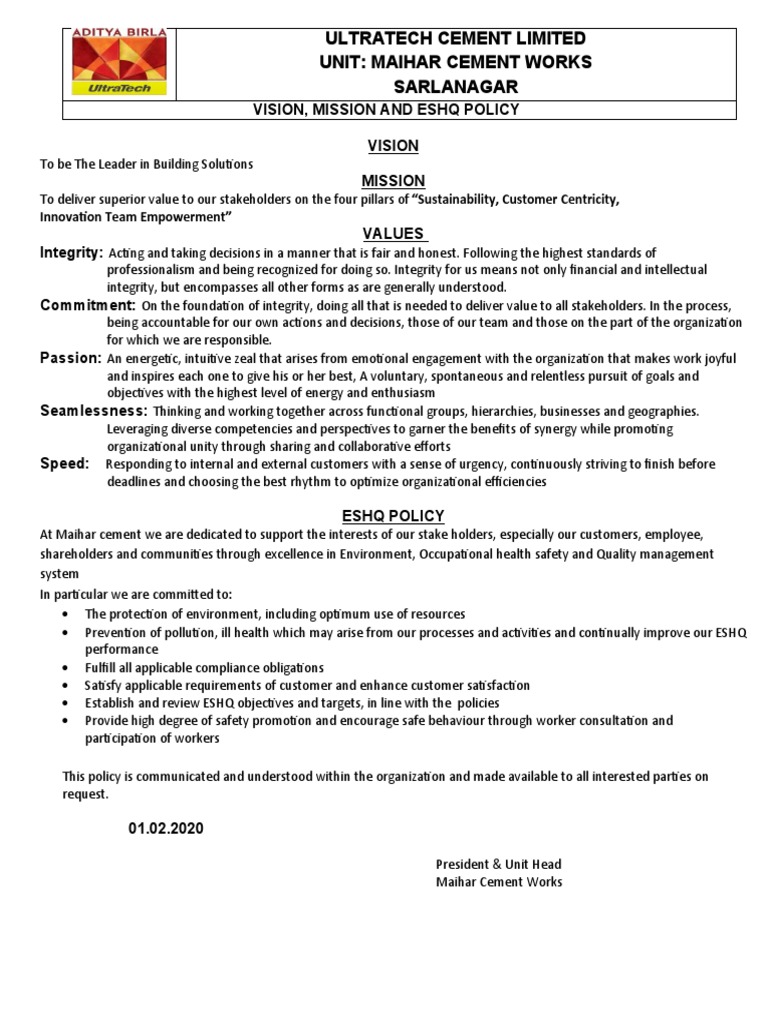 Ultratech Cement Limited Unit: Maihar Cement Works Sarlanagar | PDF ...