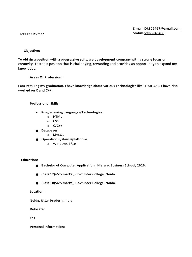 Software Developer Resume - Deepak Kumar | PDF