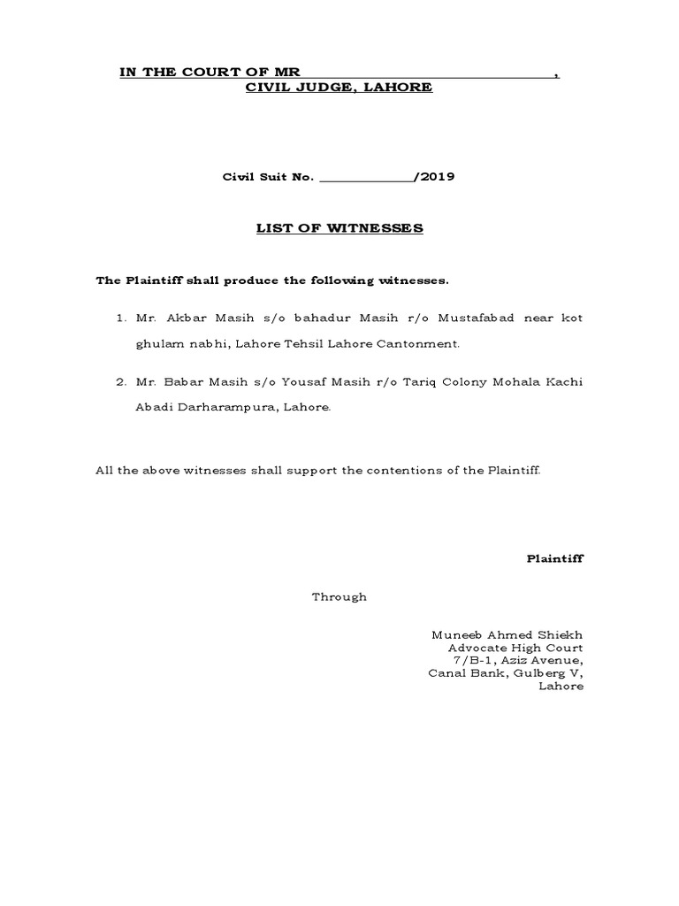 List of Witnesses Sample Civil Court