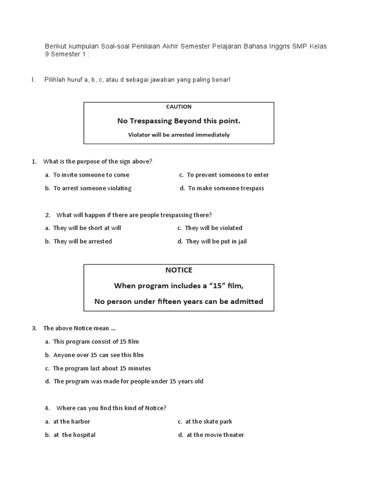 Contoh Soal 1 B Ingg Kelas 9 Sem Genap 1 Nature