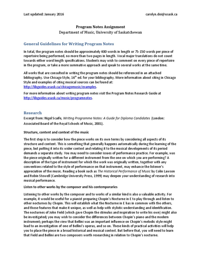General Guidelines For Writing Program Notes: Department of Music ...