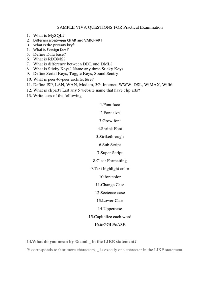 Sample Viva Question IT Practicals PDF Relational Database
