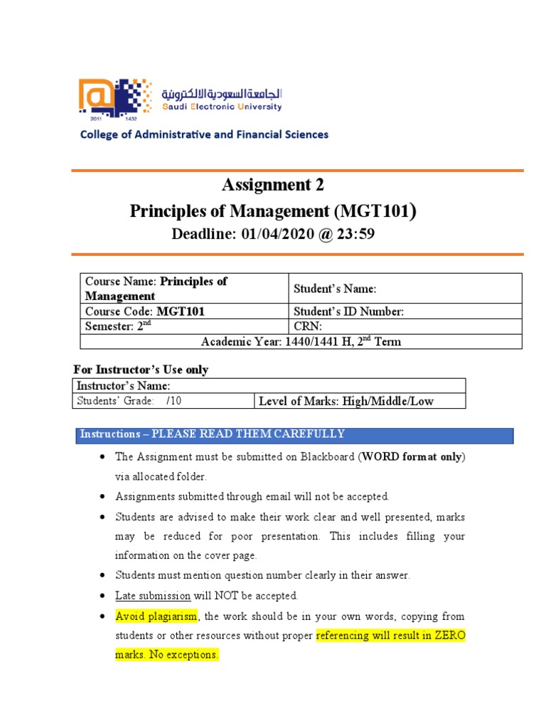 Assignment 2 Principles of Management (MGT101: Deadline: 01/04/2020 at ...