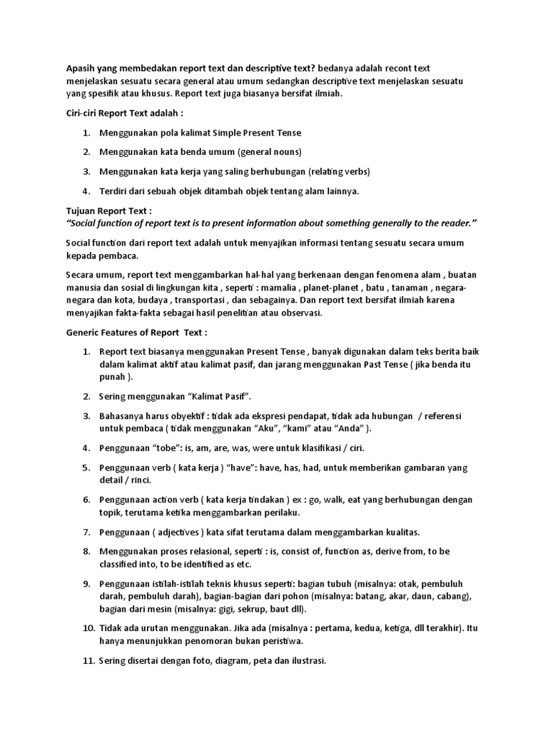 Perbedaan Report Text dan Descriptive Text | PDF