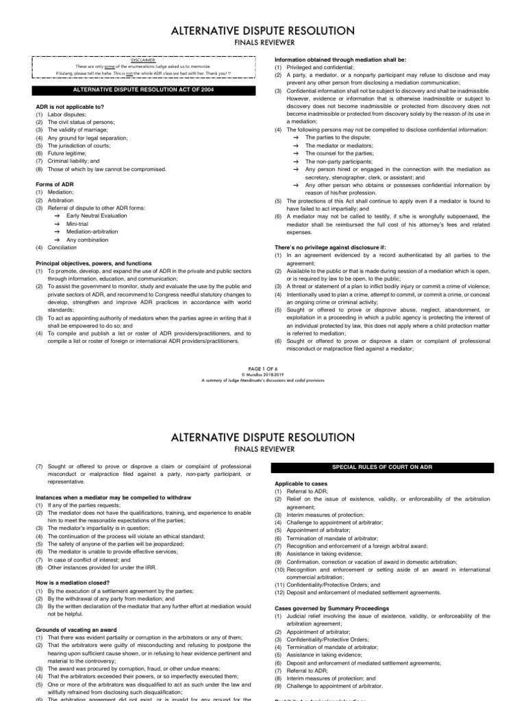 ADR Finals Reviewer PDF | PDF | Alternative Dispute Resolution | Mediation