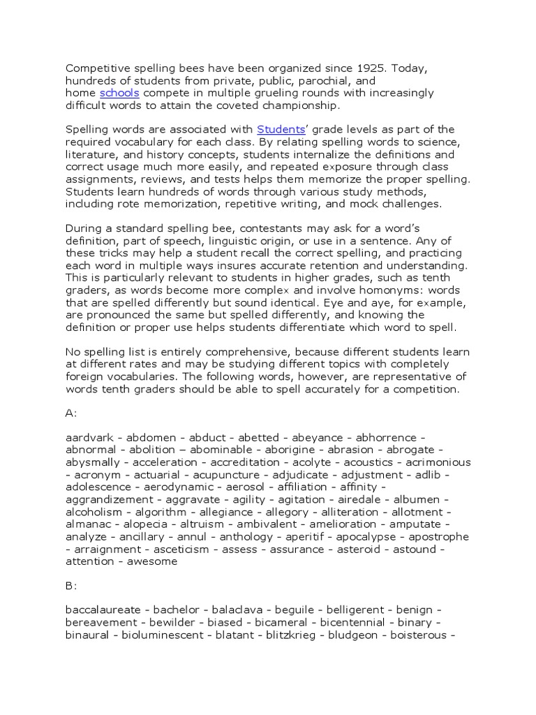 Spell Bee PDF Vocabulary Cognition