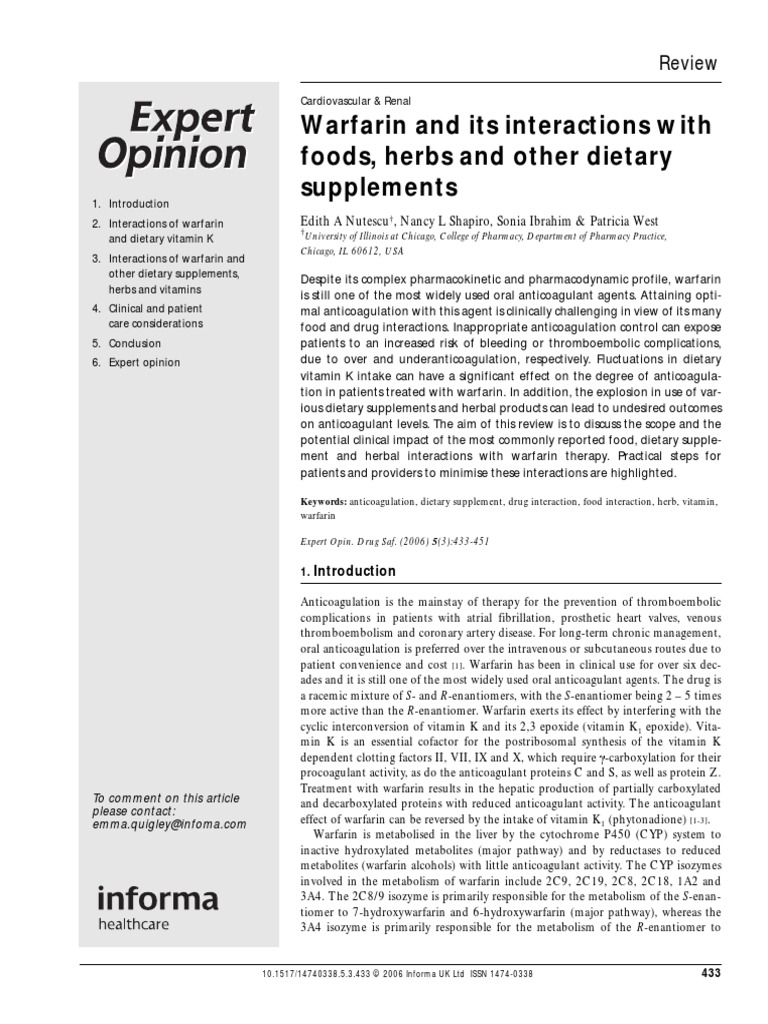 Warfarin and Its Interactions With Foods, Herbs and Other Dietary Supplements PDF PDF