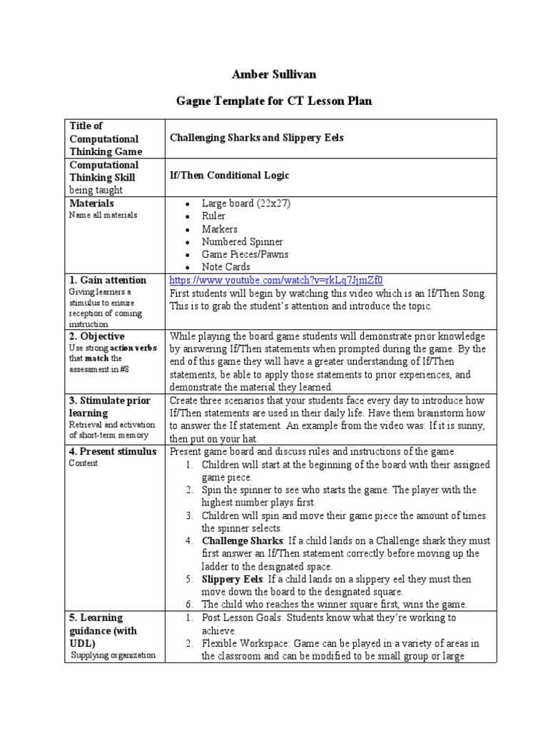 Amber Sullivan Gagne Template For CT Lesson Plan | PDF | Lesson Plan ...