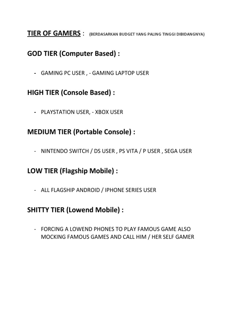 Gamer Tiers by Budget and Platform | PDF | Games & Activities | Computers