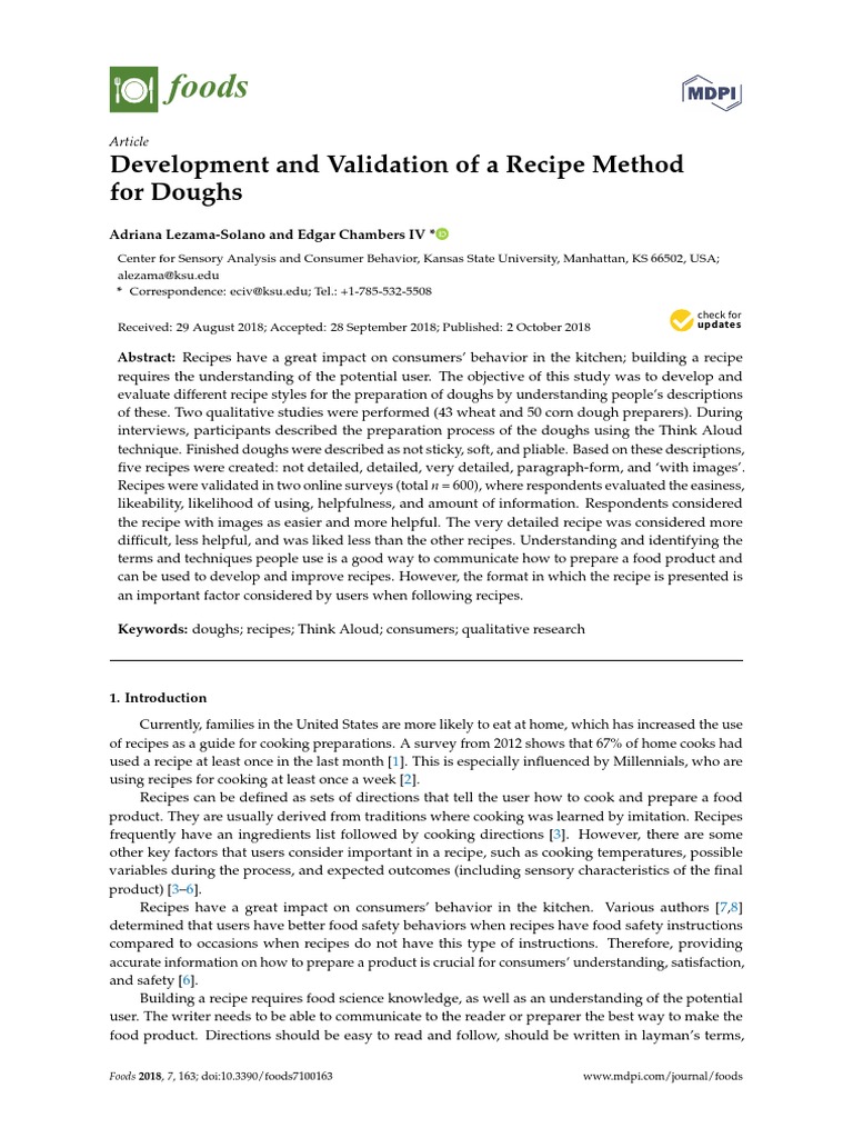 Foods: Development and Validation of A Recipe Method For Doughs | PDF ...