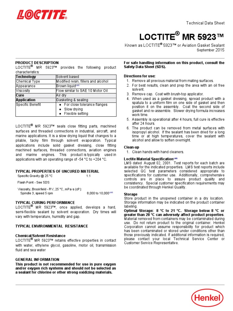 Loctite MR 5923™ Technical Data Sheet PDF Motor Oil Disclaimer