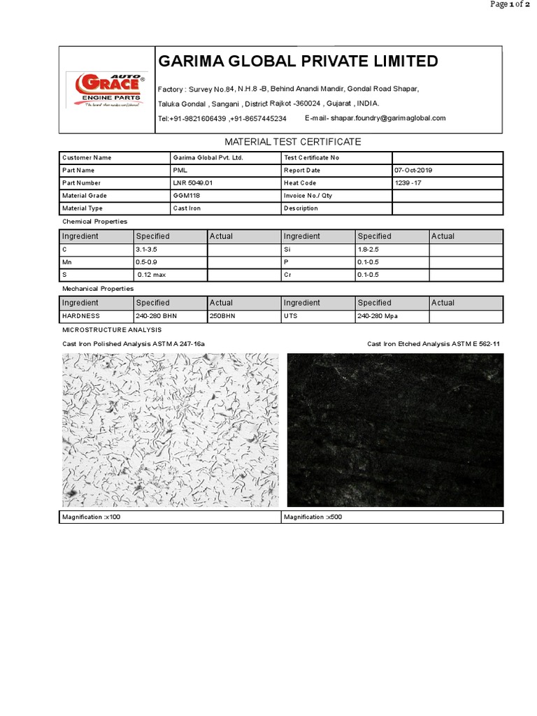 Garima Global Private Limited: Material Test Certificate | PDF | Cast ...