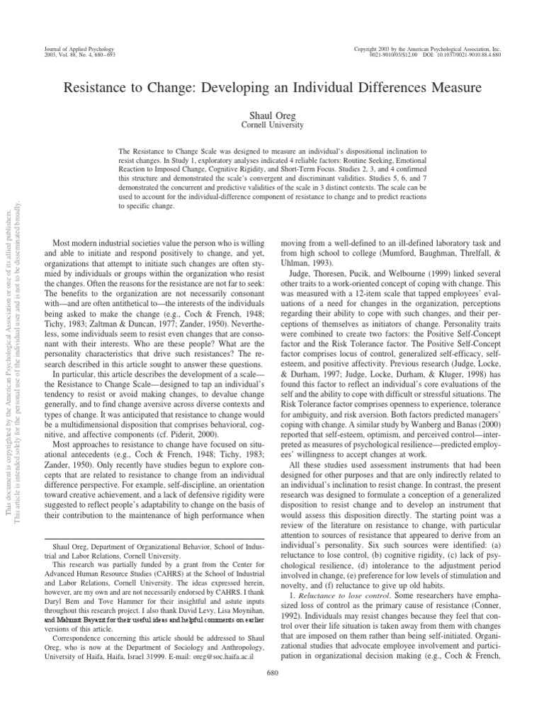 Resistance To Change: Developing An Individual Differences Measure ...