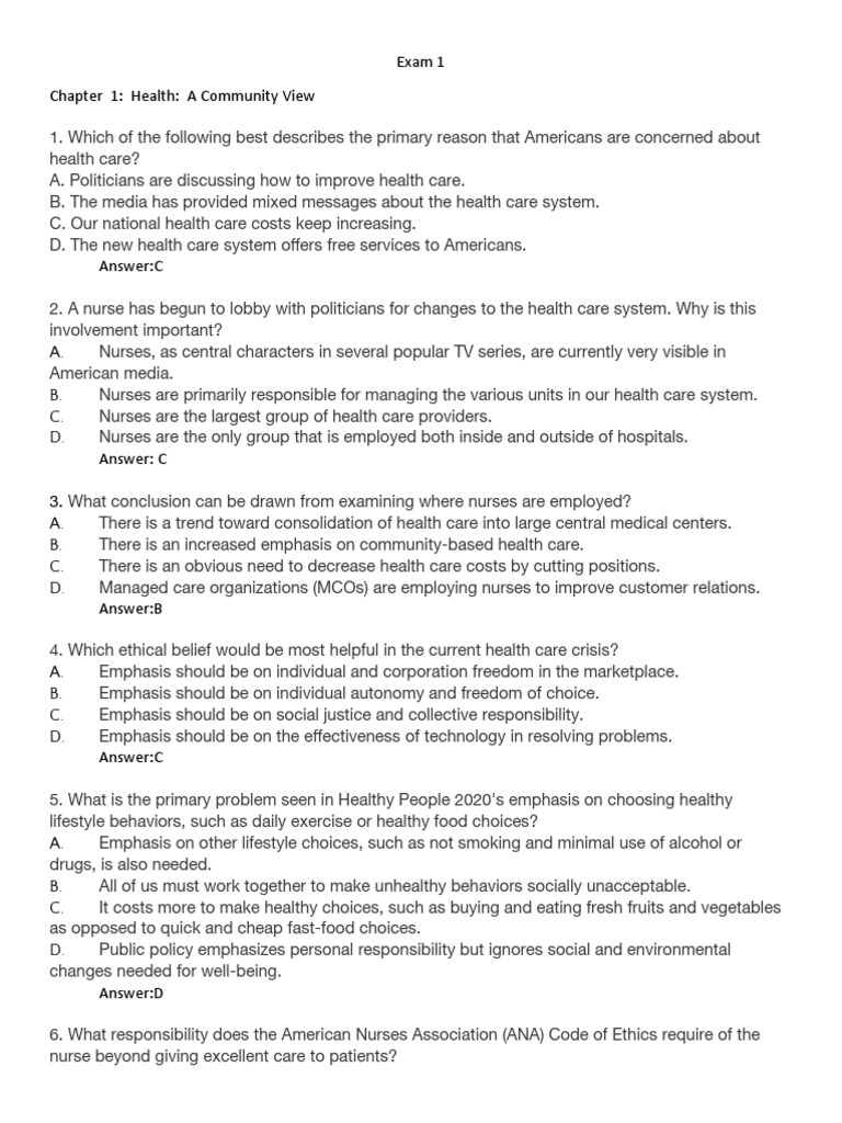 NR442 Community Health Nursing Exam 1 Practice Questions (Instructor ...