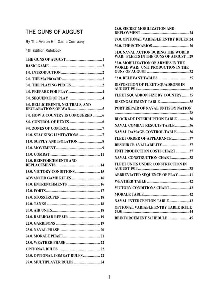 The Guns of August by The Avalon Hill Game Company 4th Edition