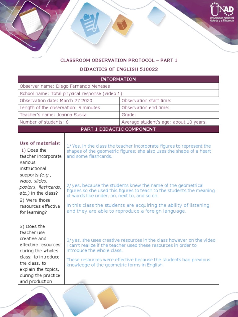 Classroom Observation Protocol Video 1 Pdf Pedagogy Teachers