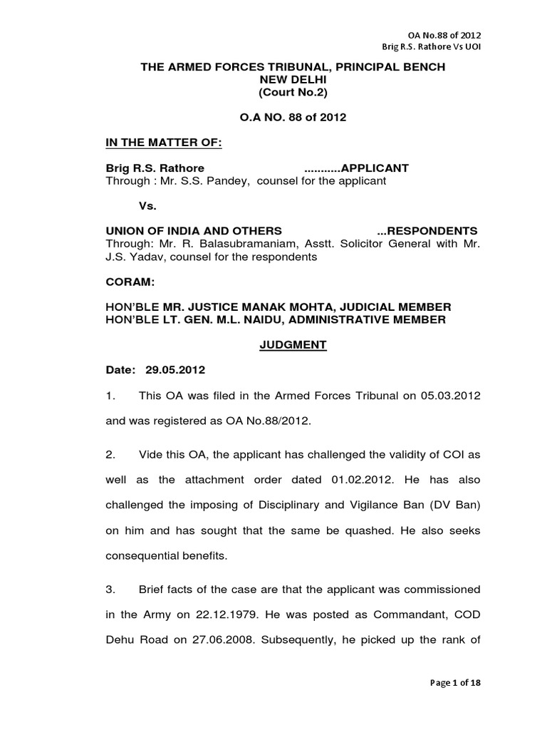 Brig R.S. Rathore vs UOI: Tribunal Case Analysis | PDF | Tribunal ...