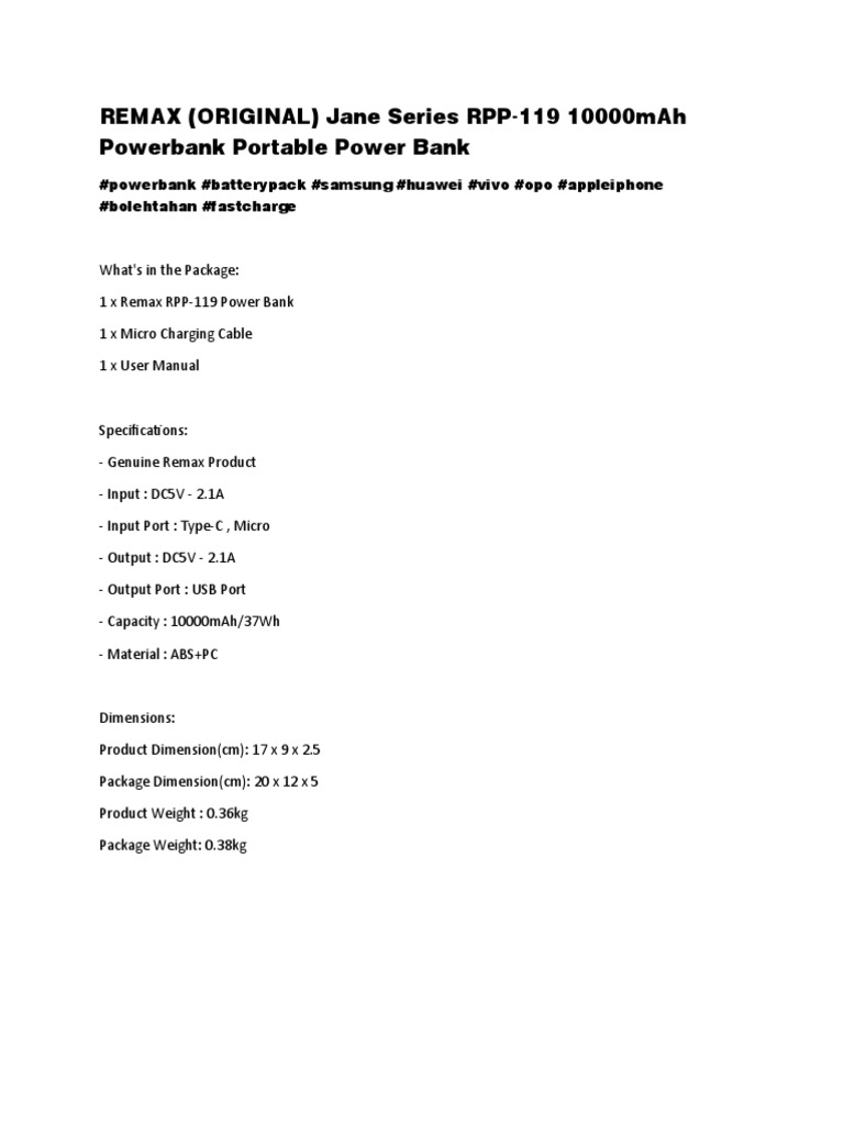 Remax (Original) Jane Series Rpp-119 10000mah Powerbank Portable Power ...