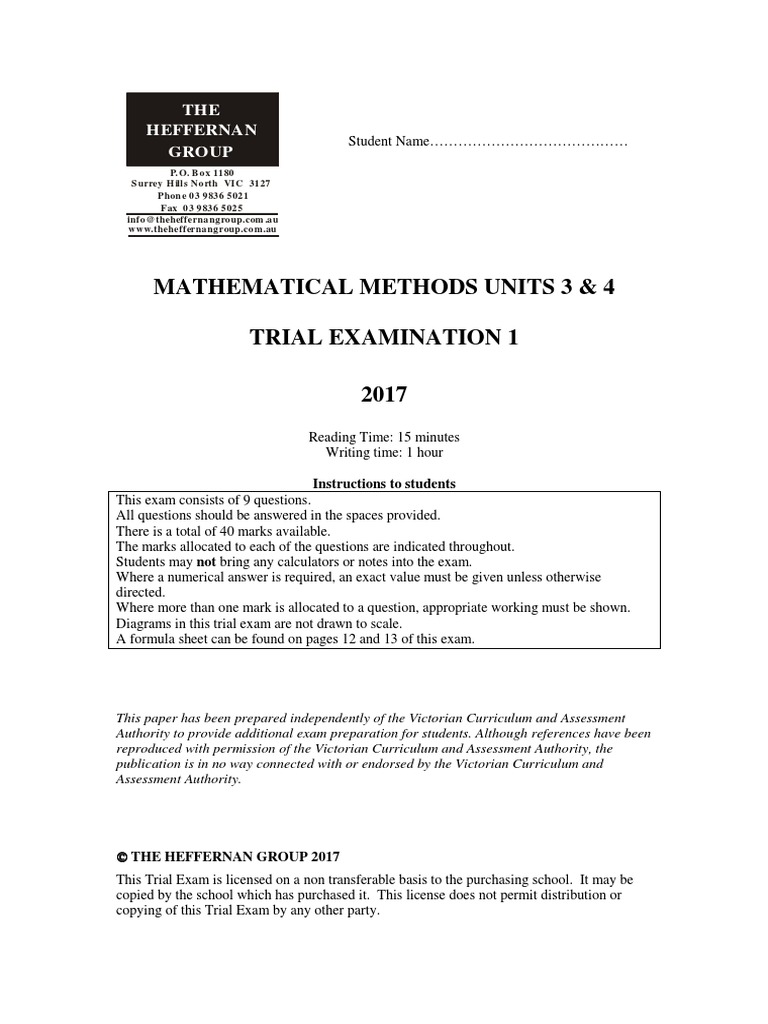 2017 Maths Methods Units 3 & 4 Exam 1 PDF PDF Standard Deviation Tangent