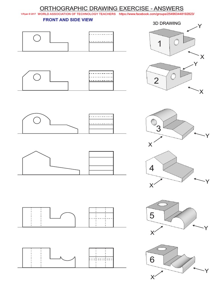 Orthographic Drawing Exercise - Answers: Front and Side View | PDF