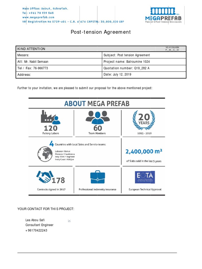 Mega Prefab Post Tension Quotation - Batroumine 1024 - Q19 - 282A PDF ...