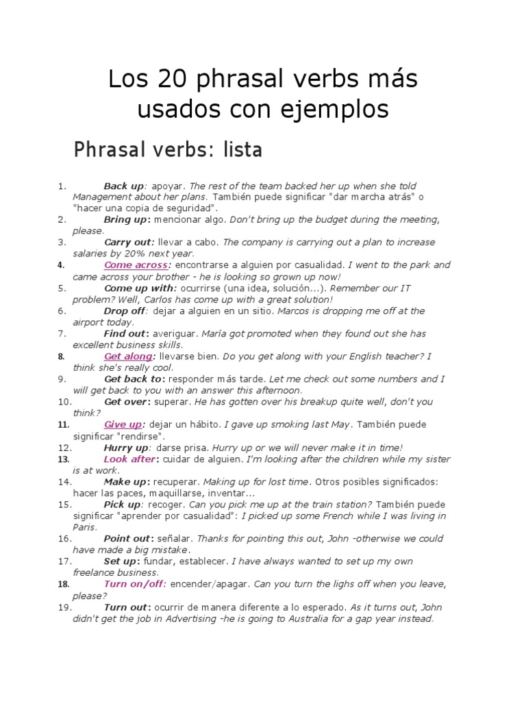 Los 20 Phrasal Verbs Más Usados Con Ejemplos Pdf
