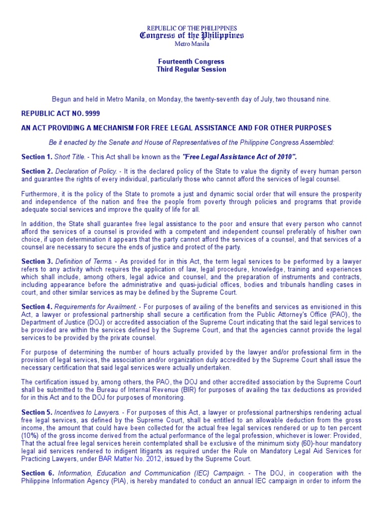 R.A. No. 9999 | PDF | Legal Aid | Lawyer