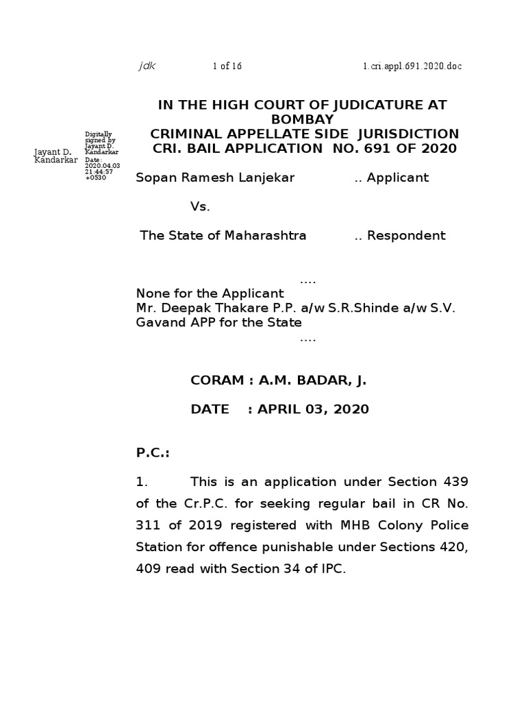 Bombay High Court Order On Bail During Lockdown | PDF | Bail | Public ...