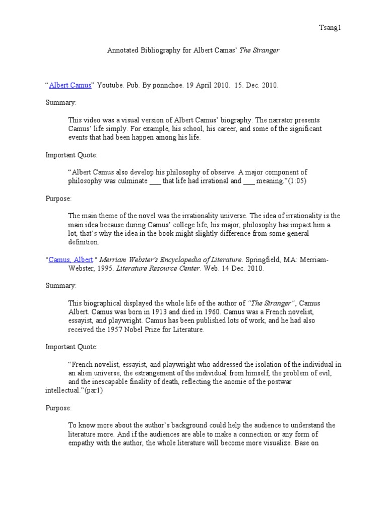 Finial Annotated Bibliography for Albert Camas Albert Camus