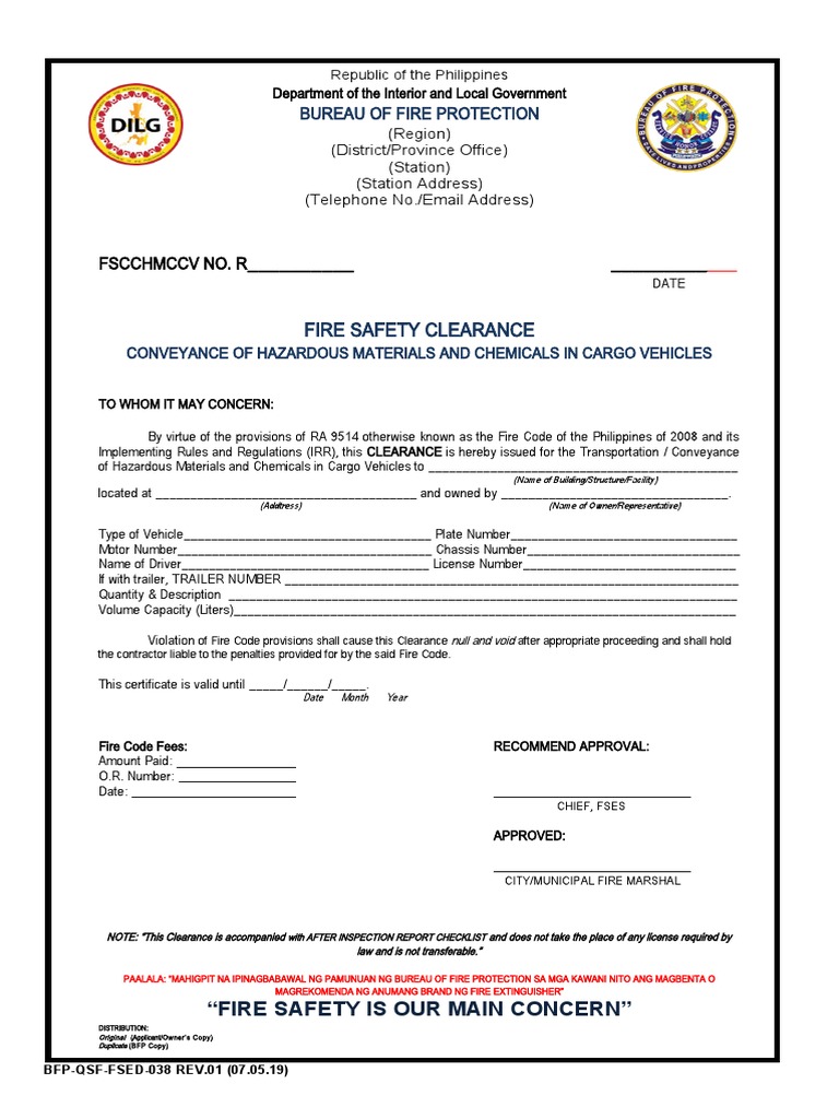 Fire Safety Clearance Certificate for the Transportation of Hazardous