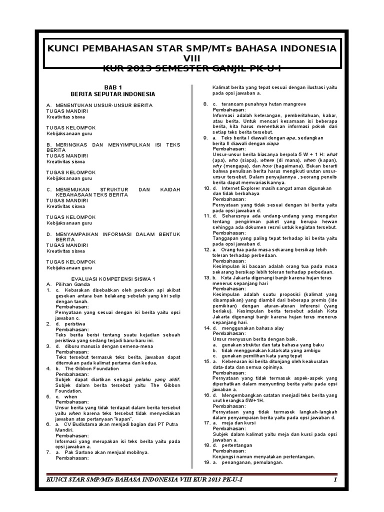 Kunci Bhs Indonesia Viii K13 Pk U I