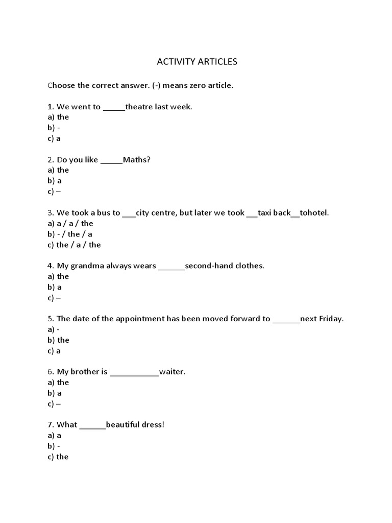 Articles Exercises with Answers | PDF