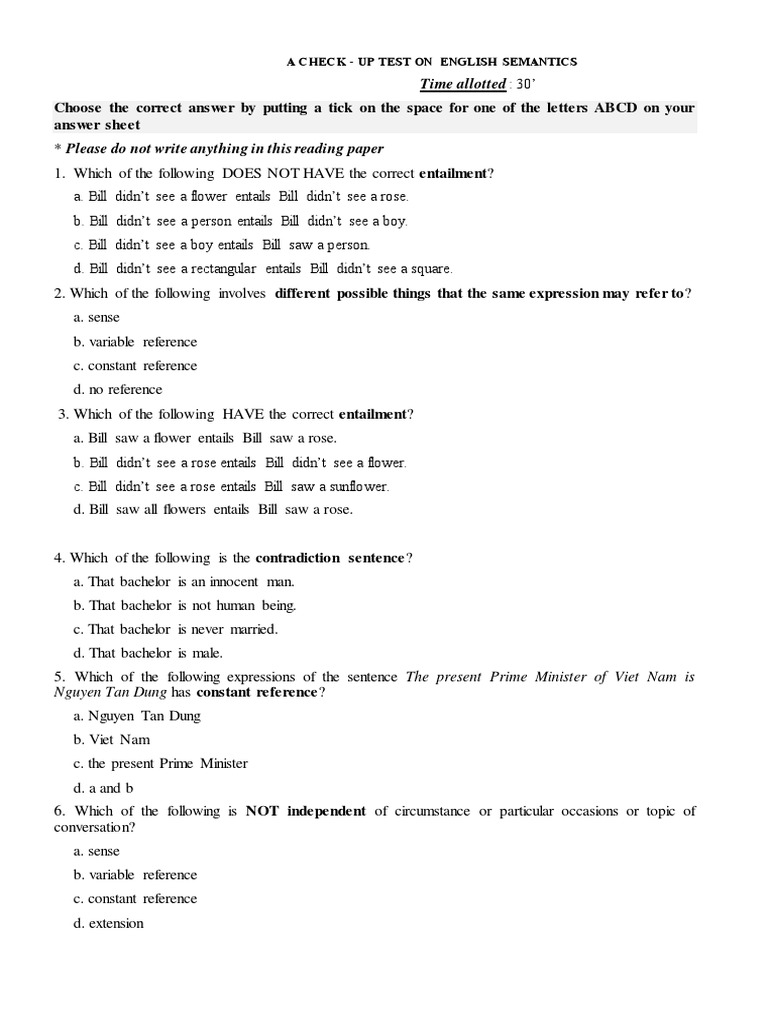 English Semantics Check-Up Test | PDF | Proposition | Predicate (Grammar)