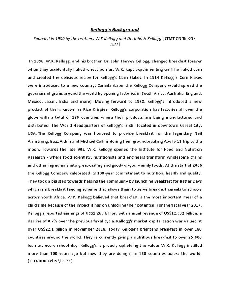 Kelloggs History PDF Cereals Foods